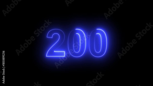 Abstract glowing Neon 200 number educational mathematics text icon animation on black background. a dynamic motion and glowing neon number countdown icon animation. 