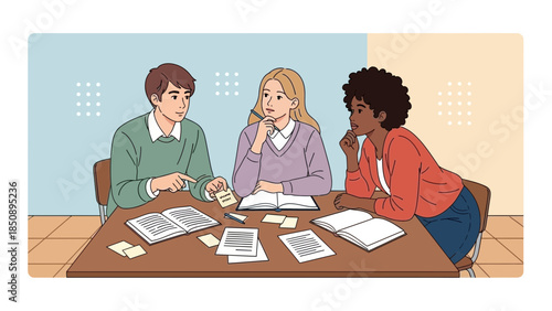 Collaborative group discussion among students in a classroom setting working on a group project or