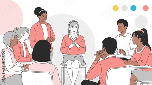 Diverse Group of People Engaged in a Supportive Group Therapy or Discussion Session in a Bright Room