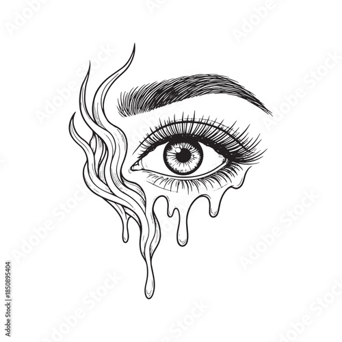 Surreal Hand Drawn Illustration of a Melting Human Eye with Wavy Smoke Lines and Dripping Liquid Concept
