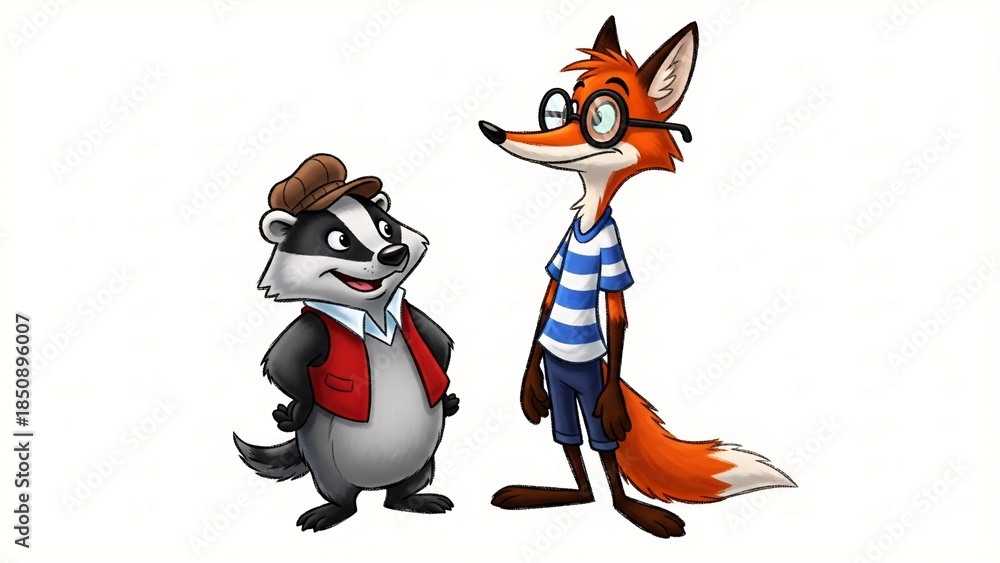 Obraz premium Floating 2D fox plays violin while hedgehog juggles stars around crescent moon in dreamy pastel night sky. 