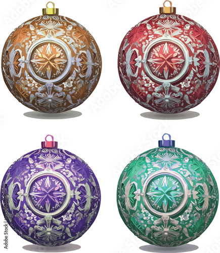 Christmas Baubles Ornament: A colorful array of festive ornaments with intricate designs and varied hues, perfect for adorning any Christmas tree and spreading holiday cheer.