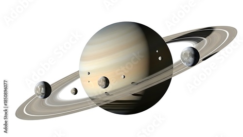 Saturn with its rings and moons