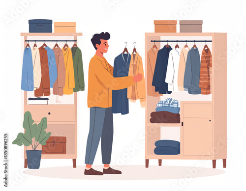 Man organizing his wardrobe, choosing clothes from an open closet, with various garments neatly arranged on hangers and shelves.