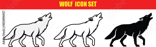 Wolf icon set with howling wolves in different styles and colors
