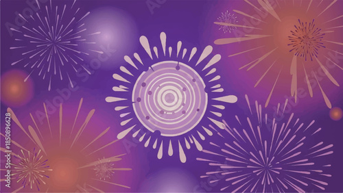 Celebration Explosion: Dynamic display of vibrant fireworks against a deep purple background, creating a spectacle of joy, excitement, and festivity.