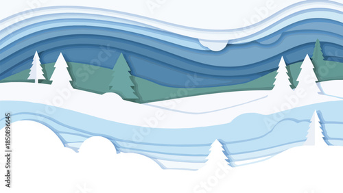 Paper Cut Winter Landscape: A whimsical winter scene, crafted with layered paper, features snow-covered hills and evergreen trees under a pale winter sky, conveying a sense of serenity.