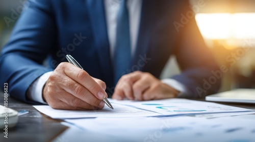The Signature of Success: An executive meticulously reviews financial documents, poised to make crucial decisions, bathed in soft, natural light, symbolizing competence and attention to detail.