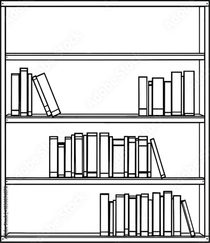 Bookshelf line art with stacked books in various orientations on four shelves for education and interior design themes