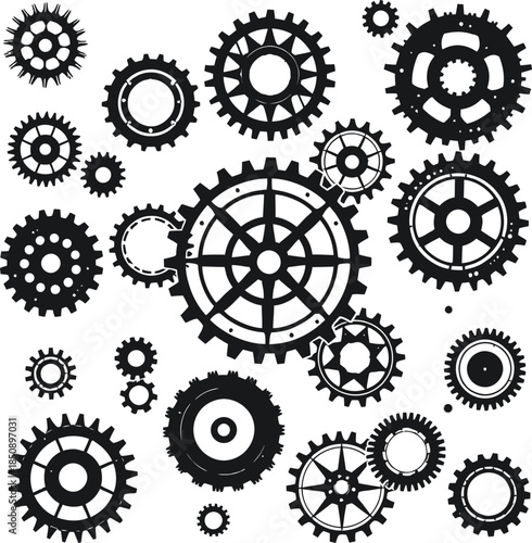 Gear icon set with varied tooth counts and center designs in black outline for mechanical and industrial themes