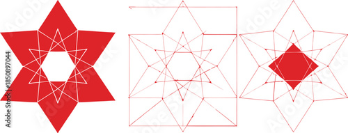 Geometric star construction set with overlapping polygons, internal lines, and diamond center in red outline