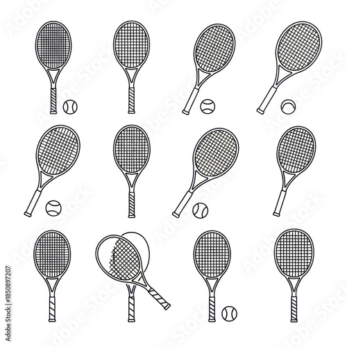 Collection of Tennis Rackets and Balls in Line Art Style.