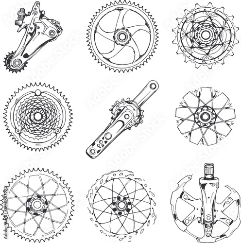 Bicycle component icon set with derailleur, crankset, cassette, brake rotors, and pedal in black-and-white outline