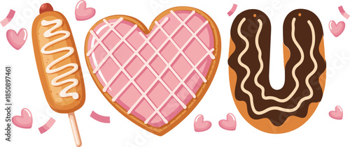 I Love You" spelled with corn dog, waffle and donut food typography