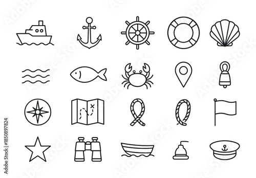 Set of nautical line icons including ship, anchor, helm, lifebuoy, shell, fish, crab, map, compass, ropes, flag, binoculars and boat