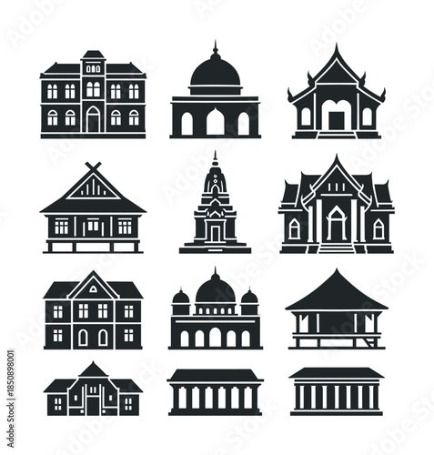 Set of traditional architectural building silhouettes including temples, pagodas, monuments, halls, and historic houses in flat icon style