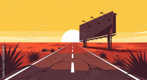A cracked desert highway leads towards a magnificent sunset, with a towering, blank billboard awaiting new messages and opportunities.