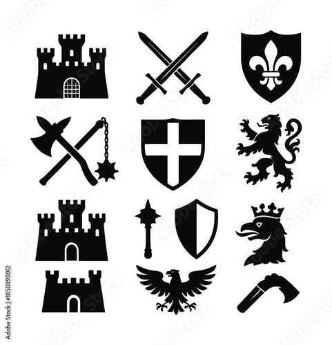 Collection of medieval heraldic silhouettes featuring castles, shields, crossed swords, lion crest, eagle emblem, mace and battle axe icons
