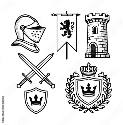 Medieval heraldic icon set with knight helmet, crossed swords, castle tower, banner with lion, and royal crown shields in black line art