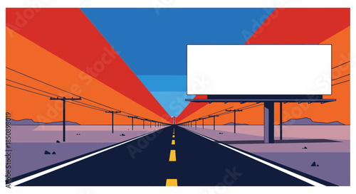 A vibrant, stylized illustration depicts a long, straight highway stretching towards a colorful horizon, flanked by power lines and a prominent blank billboard.