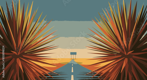 A stylized illustration captures the serene beauty of a vast desert landscape, featuring a long, empty road framed by striking spiky plants under an expansive sky.