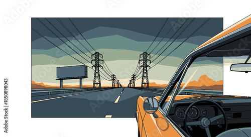 An illustrative view from inside a classic car driving down a long, open highway, flanked by imposing power lines and a distant billboard under a dramatic sky.