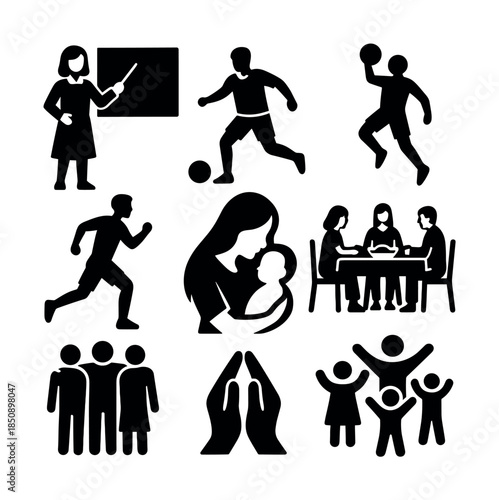 Set of black silhouette icons showing teacher at board, athletes running and playing ball, mother holding baby, meeting, teamwork, and celebration
