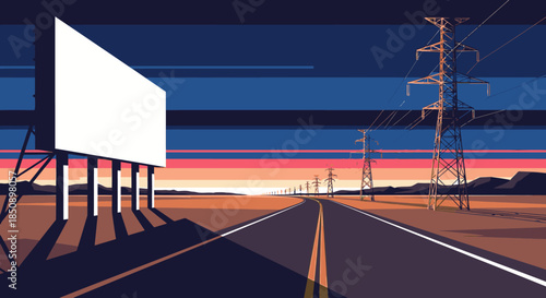A stylized illustration of an empty highway at sunset, with a large blank billboard and power lines, representing travel, advertising, and energy infrastructure.