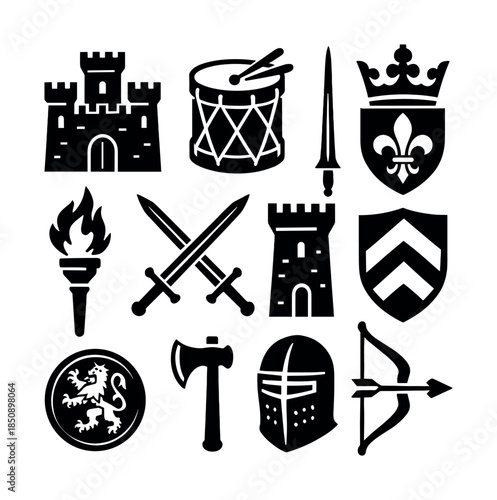 Set of medieval warfare and heraldry icons featuring castles, drum, crown shield, torches, crossed swords, axe, helmet, and bow arrow silhouettes