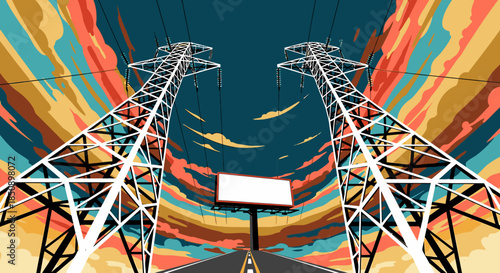 A vibrant, stylized illustration depicts towering electricity pylons flanking a deserted road leading towards a blank billboard under a dramatic, colorful sky.