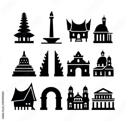 Set of black silhouette icons of traditional landmarks and architectural structures, including temples, monuments, arches, domes, and historic buildings