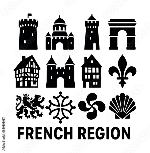 Black silhouette icon set of historic architecture and regional symbols with towers, castles, archway, heraldry emblems, and text label