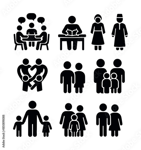 Black silhouette pictograms of people and families, showing meeting, reading, couple embrace, parents with children, and social relationship icons