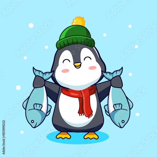 Happy Penguin in Winter Gear Holding Two Fish Vector Illustration Cartoon Design