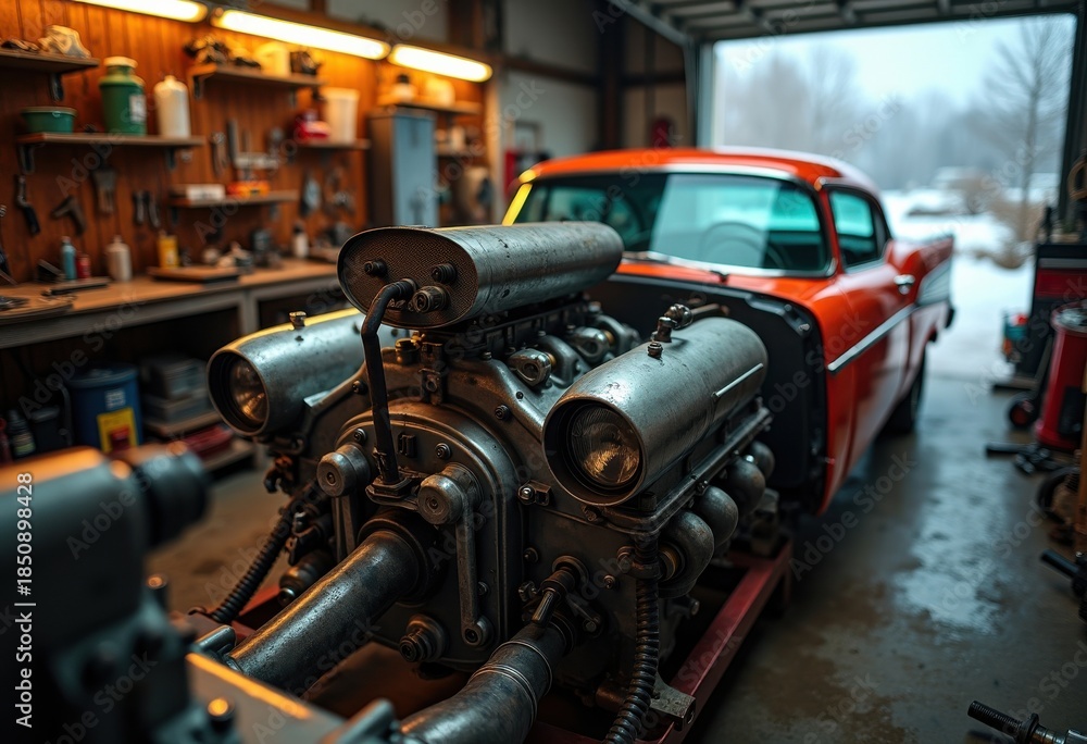 Fototapeta premium Vintage Classic Car Engine Restoration Mechanic Garage Repair Project