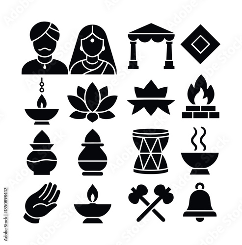 Set of traditional ceremony and festival icons including couple, temple canopy, diya lamp, lotus, sacred fire, incense, drum, bell and hands