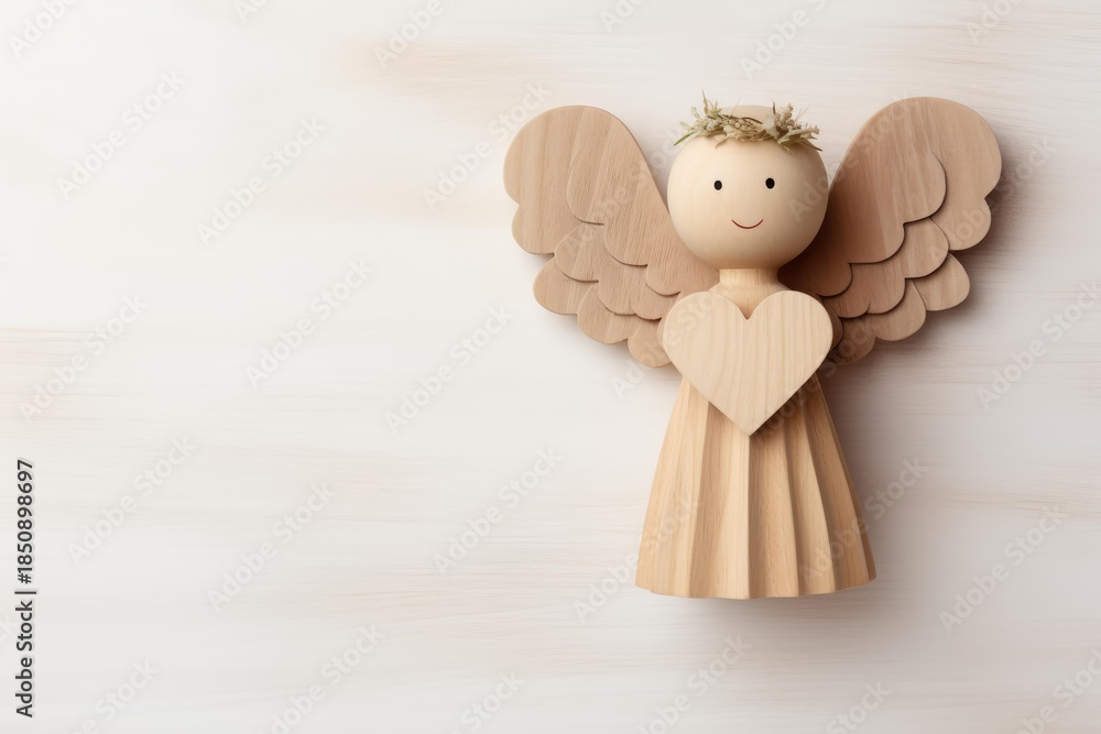 Fototapeta premium Wooden angel figurine holding a heart, symbolizing love, spirituality, and innocence, perfect for christmas or religious celebrations