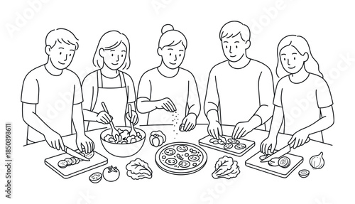 Group of friends preparing a healthy meal together, chopping vegetables and arranging ingredients on a kitchen table in a simple line drawing