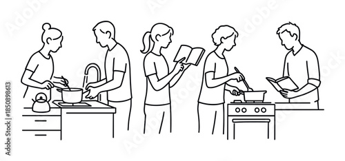 Minimal line art illustration of a family cooking together in a kitchen, preparing food at the stove and counter while reading a recipe book
