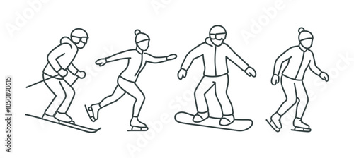 Minimal line art illustration of winter sports athletes skiing, ice skating, snowboarding, and speed skating in simple outlined poses