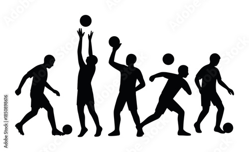 Black silhouettes of athletes in motion performing ball sports actions, including dribbling, jumping, throwing, and running in sequence