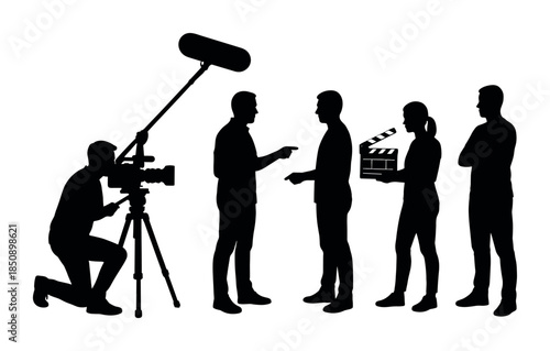 Silhouettes of film production crew with camera on tripod, boom microphone, director and actors discussing scene, and clapperboard on white background