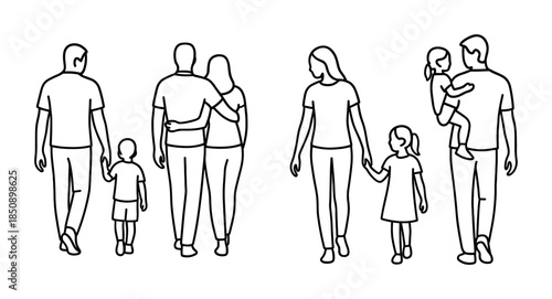 Minimal line art illustration of families walking together, showing parents with children, handholding couples, and a father carrying a toddler