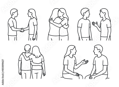 Minimal line art set of people greeting, hugging, walking together, and having a conversation, showing friendship and supportive social interactions