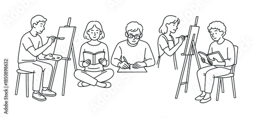 Line art illustration of diverse students practicing visual arts with easels, painting, sketching, and reading in a creative classroom setting