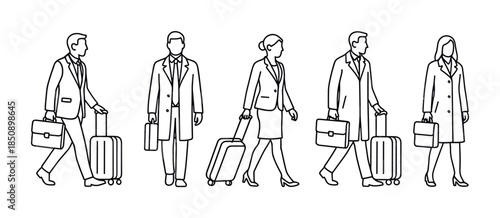Line art illustration of business travelers walking with rolling suitcases and briefcases, depicting commuting professionals in formal attire