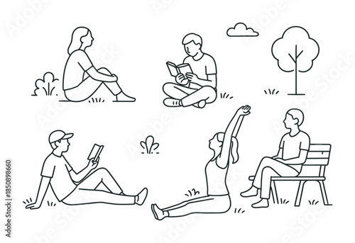 Minimal line art illustration of people relaxing in a park, reading books, sitting on grass and bench, and stretching outdoors on a sunny day