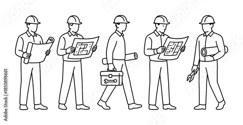 Line art set of construction workers wearing hard hats holding blueprints, walking with toolbox and tools, architectural planning and jobsite teamwork