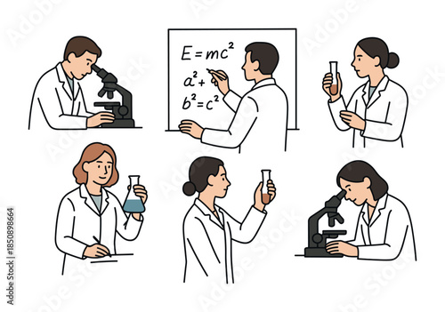 Illustration of scientists in lab coats conducting experiments with microscopes, flasks, and equations on a whiteboard in a research setting