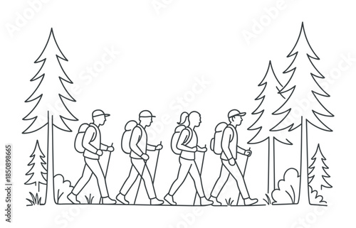 Minimal line art illustration of five hikers trekking with backpacks and walking sticks along a forest trail framed by tall pine trees
